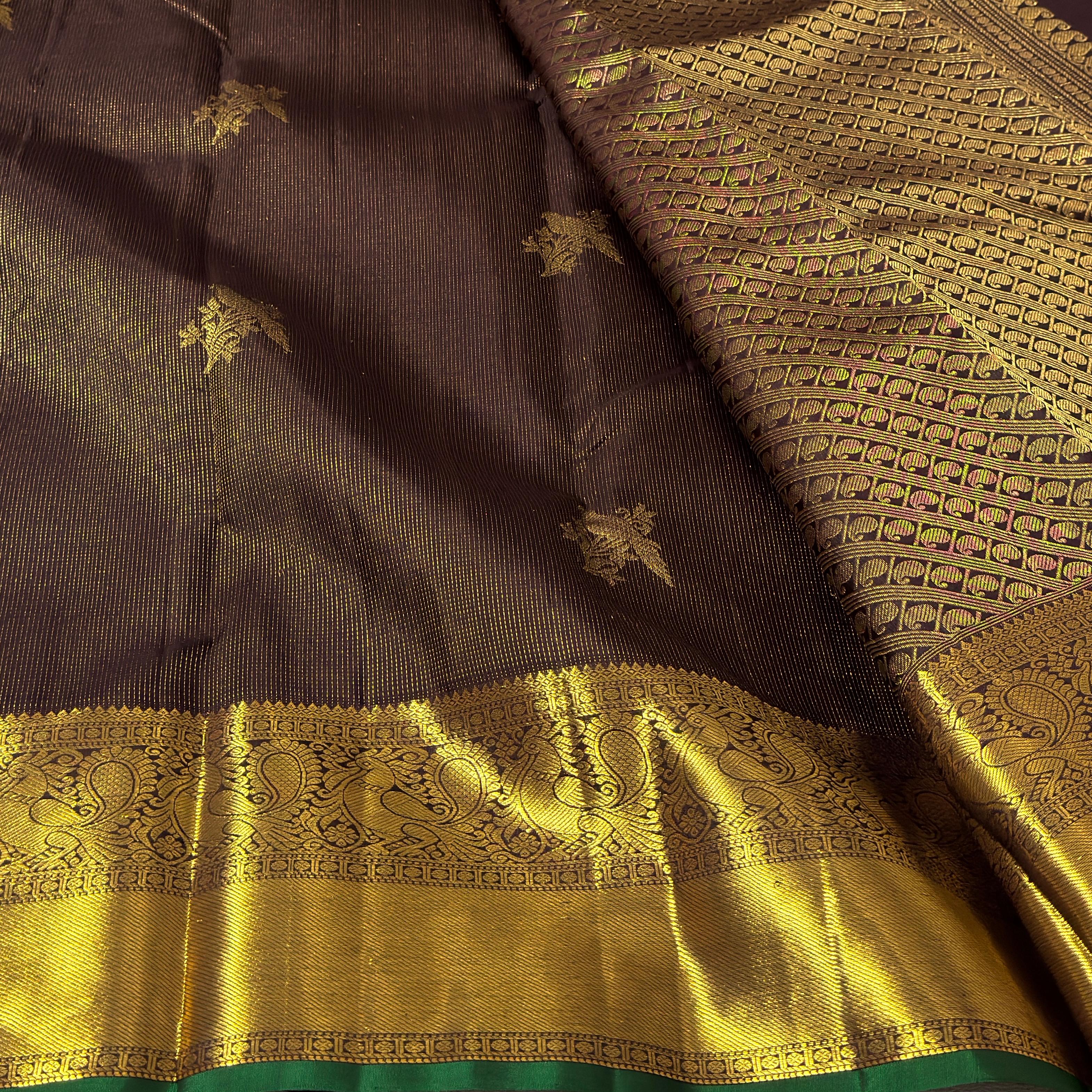 Mayura Kanchi: Chocolate Brown Silk Saree with Grand Peacock Zari Border